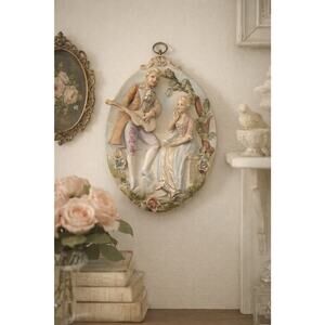 Vintage Bisque Porcelain Wall Plaque Courting Couple Serenade Guitar Floral 8”